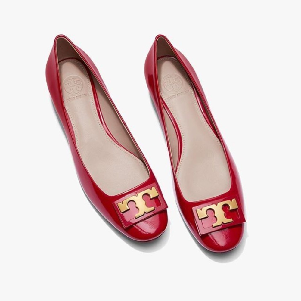Tory Burch GIGI Red Leather Flats with Gold Logo